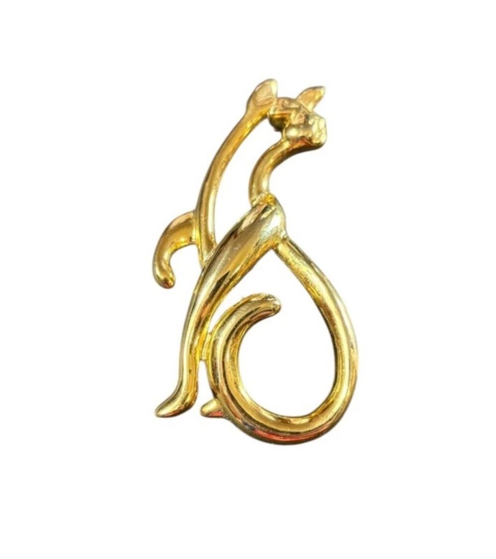 Vintage Gold Tone Cat Brooch Minimalist Modernist Figural Long Tail Sleek Pin
